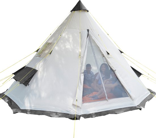 Skandika Tipi Goathi 365 Protect Tent – Tipi-tenten – 6 persoons campingtent - Ingenaaide tentvloer- Muggengaas – 250 cm stahoogte – 365 cm diameter – 3000 mm waterkolom – Indische tent, Partytent, Festivaltent, Outdoor, Tuin – Kamperen – beige/grijs