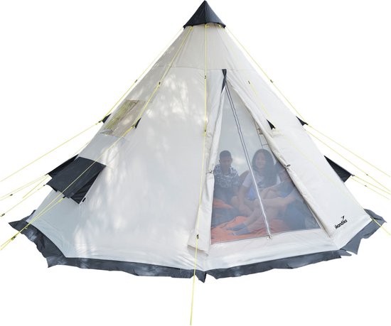 Skandika Tipi Goathi 550 Protect Tent – Tipi – Tipi tent – Ingenaaide Tentvloer - Campingtent – Voor 10 personen – Muggengaas – 300 cm stahoogte – 550 cm diameter – 3000 mm waterkolom – Indische tent, Partytent, Festivaltent – Kamperen – beige/grijs van Skandika
