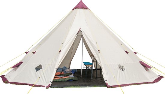 Skandika Tipi Kota 550 Protect Tent – Tipi-tenten – Kamperen - 12 persoons campingtent – Ingenaaide tentvloer – Muggengaas – 300 cm stahoogte – 550 cm diameter – Indische tent, Partytent, Festivaltent – Outdoor, Camping, Tuin – beige/burgundy van Skandika