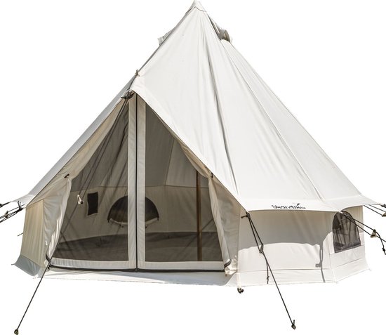 Skandika Tipii 300 Technical Cotton Tent – Tenten – Tent voor 3 personen - Waterdichte katoenen tent, 4000 mm waterkolom, muggengaas bij de ingang en het raam, glamping tent, festivaltent – 300 x 300 x 200 cm (LxBxH) - beige van Skandika