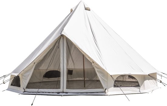 Skandika Tipii 500 Technical Cotton Tent – Tipitenten – Tent voor 10 personen - Waterdichte katoenen tent, 4000 mm waterkolom, muggengaas bij de ingang en het raam, glamping tent, festivaltent – 500 x 500 x 300 cm (LxBxH) - beige van Skandika