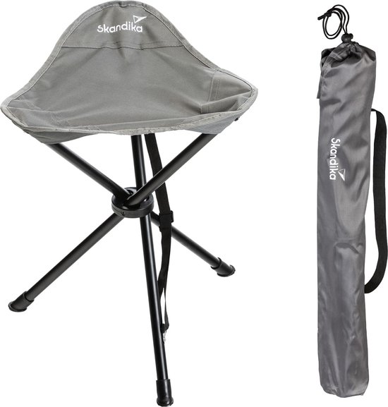 Skandika Tomperi Driepootkruk – Campingstoelen - Opvouwbaar, 100 kg gebruikersgewicht, lichtgewicht, compact, met draagtas, stalen frame, anti-slip voeten, campingkruk – 37.5 x 37.5 x 55 cm (LxBxH) - Camping, Trekking, Outdoor – grijs van Skandika
