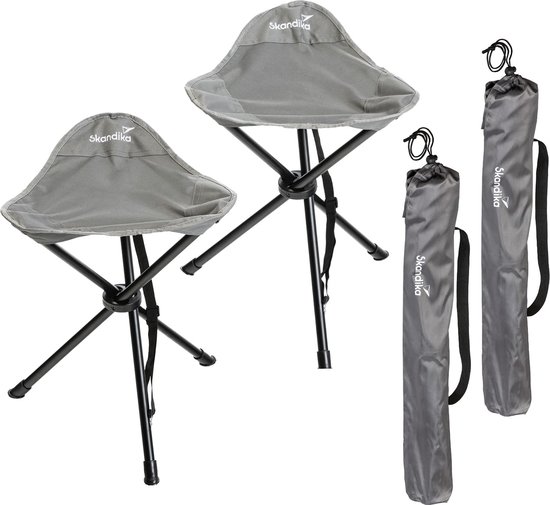 Skandika Tomperi Driepootkruk Set van 2 – Campingstoelen - Opvouwbaar, 100 kg gebruikersgewicht, lichtgewicht, compact, met draagtas, stalen frame, anti-slip voeten, campingkruk – 37.5 x 37.5 x 55 cm (LxBxH) - Camping, Trekking, Outdoor – grijs van Skandika