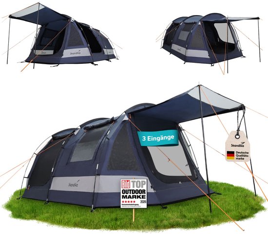 Skandika tunneltent Kambo 6 Sleeper Protect - tent voor 6 personen, zwarte slaapcabine, ingenaaid grondzeil, waterdicht met 3000 mm waterkolom, 3 ingangen, zonneluifel, kampeertent, festival, outdoor