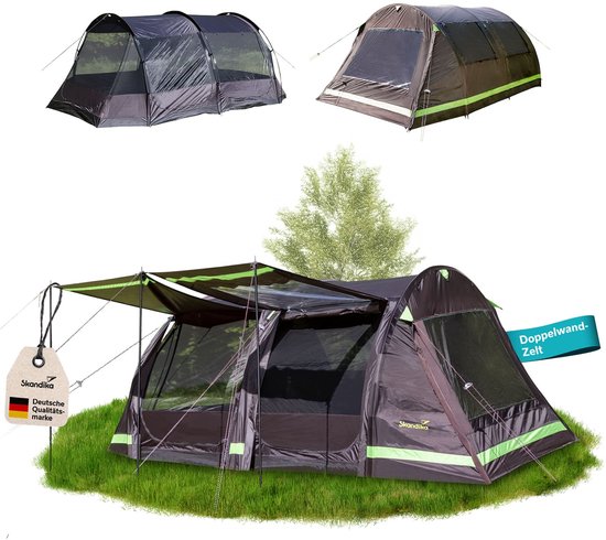 Skandika tunneltent Solheim 6 Protect - Campingtent voor 6 personen, ingenaaide tentvloer, 3000 mm waterkolom, UPF 50+, muskietennet, zonneluifel | Tenten, familietent, campingtent, outdoor van Merkloos
