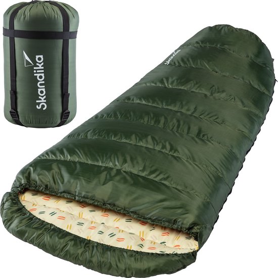 Skandika Vegas-R XXL Slaapzak - Mummieslaapzakken – Slaapzakken volwassen – Maat XXL – Mummie slaapzak - Unisex - Katoen, luxe kwaliteit, koppelbaar, 3 seizoenen, 220 x 110 cm, -12° tot -15°C, Outdoor kampeerslaapzak – Ritssluiting rechts - groen van Skandika