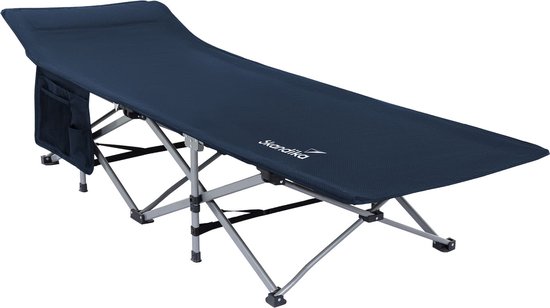 Skandika Viia Ligbed – Veldbed – Ligbed - Comfortabel opklapbed, stabiele constructie, tot 200 kg, groot ligoppervlak, 208 x 75 cm, opklapbaar, zijvak – Veldbed voor op de camping, tenten, festival, thuis – blauw/navy blue van Skandika