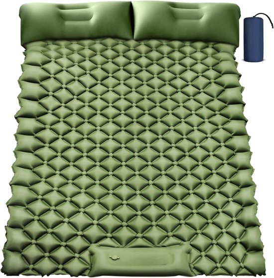 Slaapmat 2 personen - Kampeermat luchtbed - Kamperen en wandelen - Ingebouwde voetpomp - 200x125x8.5cm - Groen