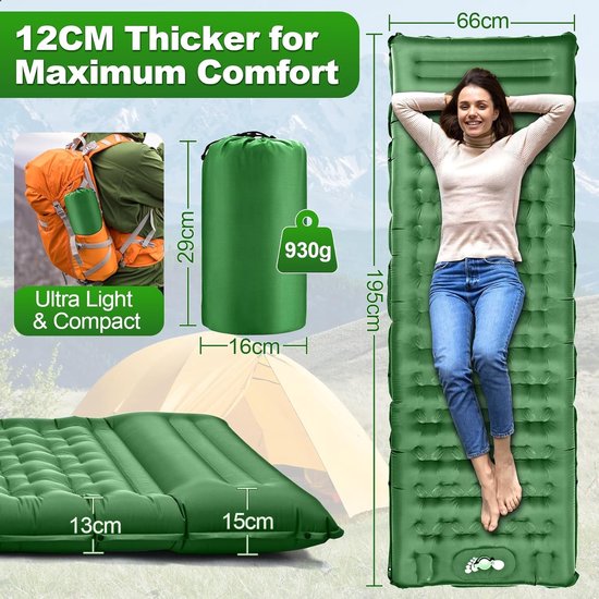 Slaapmat - Groen - 195 cm x 66 cm x 12 cm - Opblazend met Ingebouwde Pomp - Voor Kamperen en Outdoor
