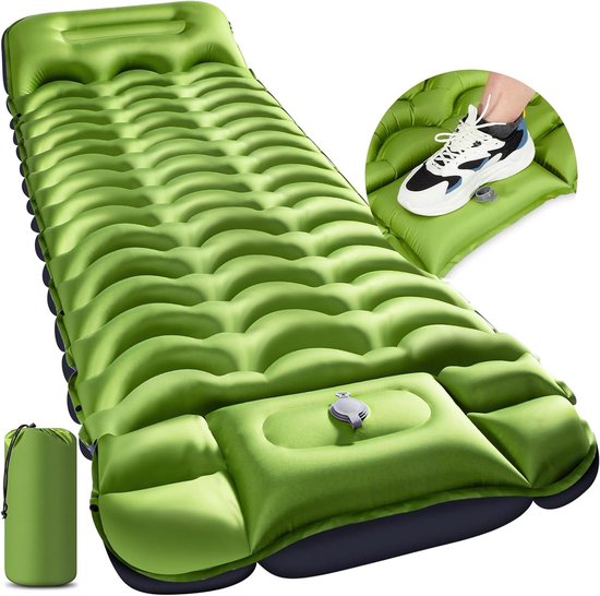 Slaapmat Kamperen - Luchtbed Opblaasbaar - Comfortabel Slapen Buiten - Ingebouwde Voetpomp - 200 x 70 cm - Groen Grijs