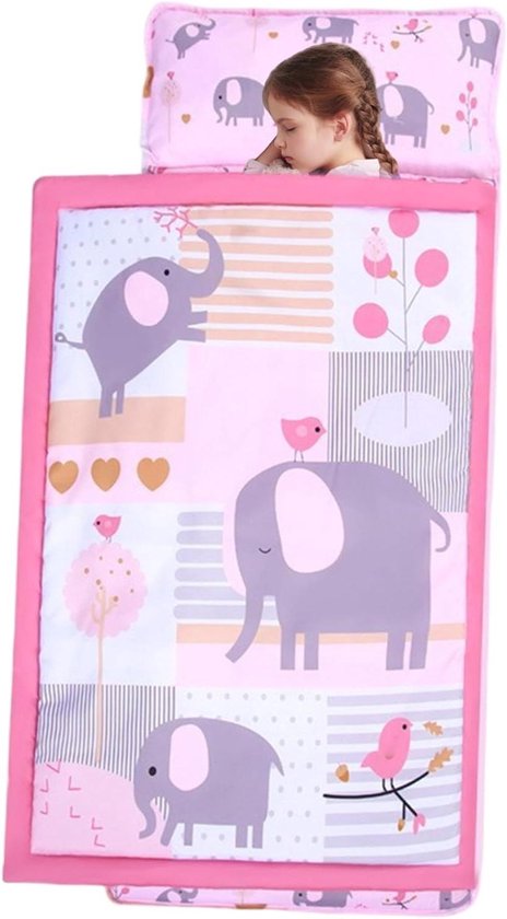Slaapmat Kinderen - Dutmat Kleuterschool - Comfortabel Dutje - Inclusief Kussen Hoes - 125x50 cm - Olifant