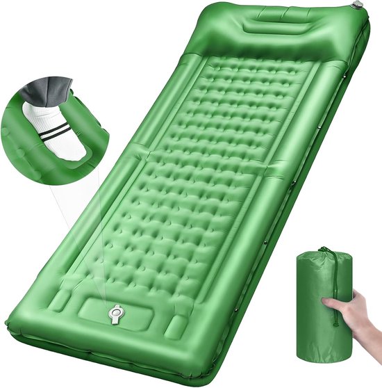 Slaapmat - Luchtbed - 196 x 72 x 12cm - Slaapmat met ingebouwde voetpomp & hoofdkussen - Camping Matras - Camping Bedje - 1 Persoons - Groen van Merkloos
