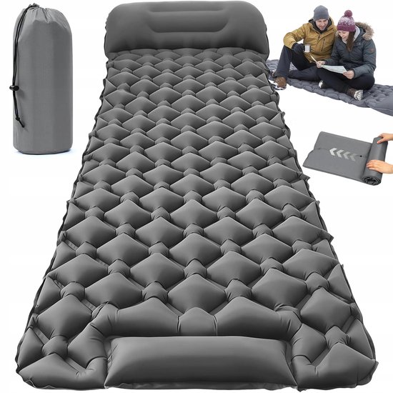 Slaapmat - Luchtbed - Opblaasbare Kampeermat met Ingebouwde Pomp - Slijtvast en krasbestendig - Grijs - 40D Nylon/TPU - 195x60x5.5cm - Inclusief Hoofdkussen - Geschikt voor kamperen, wandelen en dutjes binnenshuis van Merkloos