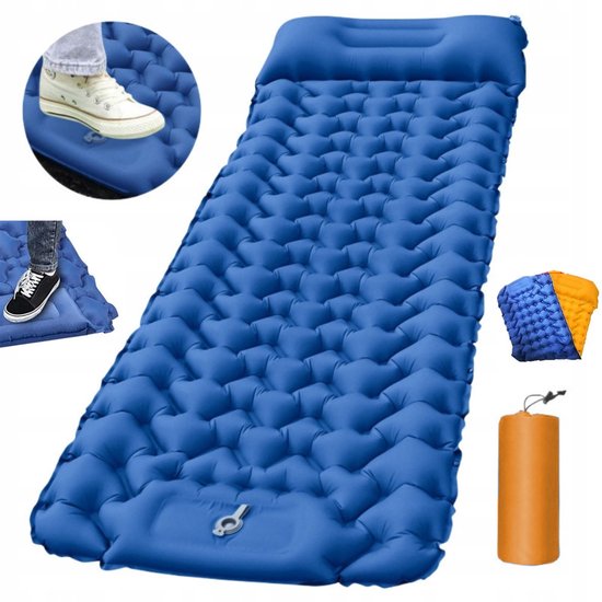 Slaapmat Zelfopblazend - Camping Matras - Luchtbedden -Draagbaar matras - Slaapmatje met Ingebouwde Voetpomp - Waterdicht en scheurvast - Opvouwbaar - Blauw en Oranje