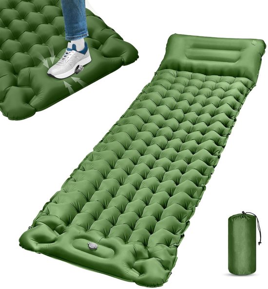 Slaapmat Zelfopblazend - Camping Matras - Luchtbedden -Draagbaar matras - Slaapmatje met Ingebouwde Voetpomp - Waterdicht en scheurvast - Opvouwbaar - Olijfgroen