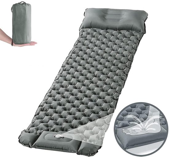 Slaapmat - Zelfopblazend - met Ingebouwde Voetpomp & Hoofdkussen - Camping Matras - Slaapmatje 1 Persoons - Slaapmatten - Luchtbed - 195 x 63 x 7 cm - Stabiliteit en Gewichtsverdeling - Lichtgewicht - Grijs - Inclusief Opbergtas van Merkloos