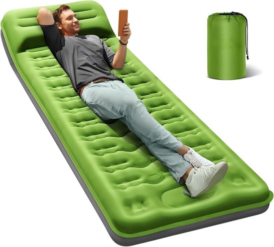 Slaapmat Zelfopblazend - Slaapmat met Ingebouwde Voetpomp & Hoofdkussen - Camping Matras - Groen - 196x66x13cm