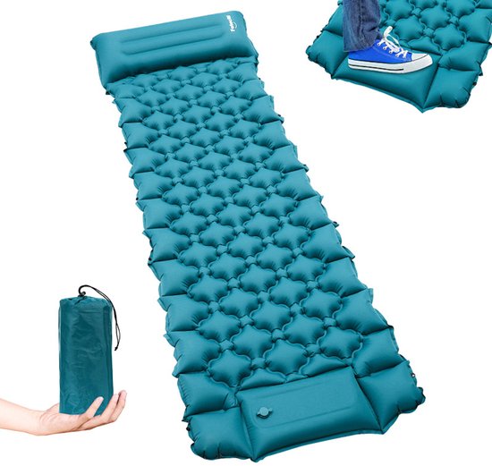 Slaapmat zelfopblazend - Slaapmat met ingebouwde voetpomp & hoofdkussen - Extra groot formaat - Camping matras - Slaapmatje - Blauw van Merkloos