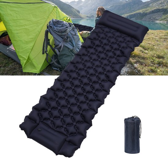 Slaapmat zelfopblazend - Slaapmat met ingebouwde voetpomp & hoofdkussen - Extra groot formaat - Camping matras - Slaapmatje - Donkerblauw van Merkloos