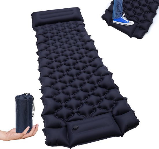 Slaapmat zelfopblazend - Slaapmat met ingebouwde voetpomp & hoofdkussen - Extra groot formaat - Camping matras - Slaapmatje– Stabiliteit en Gewichtsverdeling - marineblauw van Merkloos