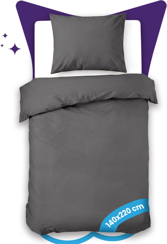 Slaapspeciaal Dekbedovertrek - 100% Katoen Dekbedovertrek - Inclusief Kussenslopen - Ademend en Zacht - 140x220 cm + 1 kussensloop - Ritssluiting - Extra Lang - Antraciet