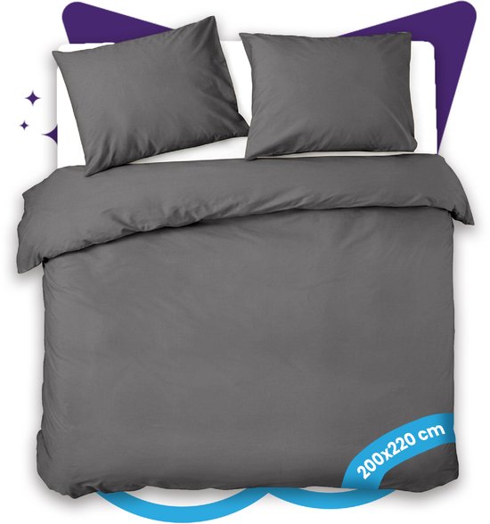 Slaapspeciaal Dekbedovertrek - 100% Katoen Dekbedovertrek - Inclusief Kussenslopen - Ademend en Zacht - 200x220 cm + 2 kussenslopen - Ritssluiting - Extra Lang - Antraciet