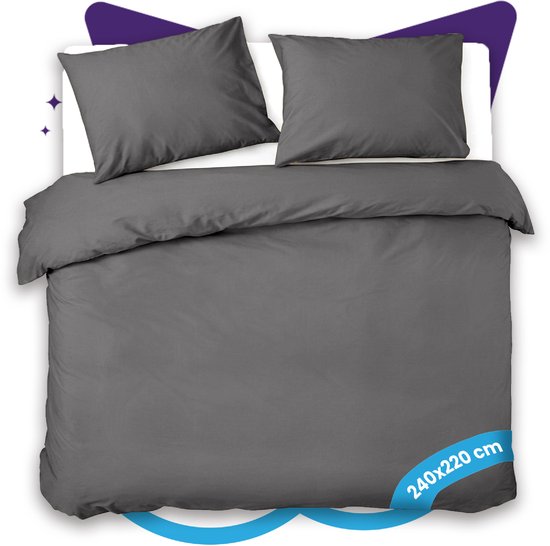 Slaapspeciaal Dekbedovertrek - 100% Katoen Dekbedovertrek - Inclusief Kussenslopen - Ademend en Zacht - 240x220 cm + 2 kussenslopen - Ritssluiting - Extra Lang - Antraciet