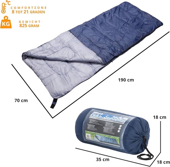 Slaapzak Dekenmodel - Zomerslaapzak - Kamperen Buiten - Lichtgewicht 825 gram - 190 x 70 cm - Blauw