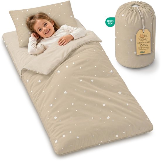 Slaapzak kinderen met kussen en ritssluiting voor baby 3-7 jaar - 75x140 cm kinderslaapzak binnen voor kinderdagverblijf kleuterschool dekenslaapzak Oeko-Tex 75 x 140 Beige met witte sterren