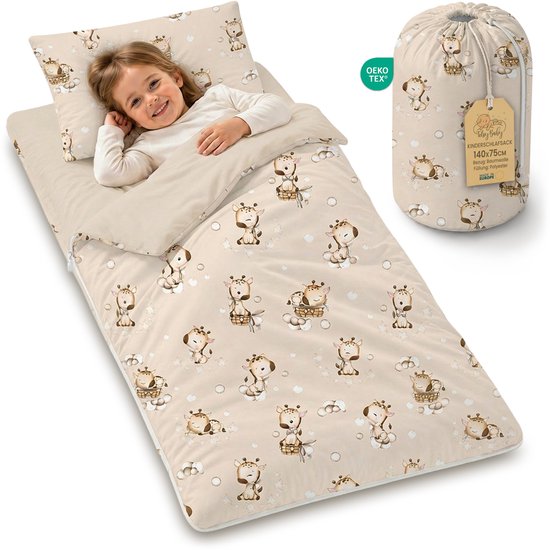 Slaapzak kinderen met kussen en ritssluiting voor baby 3-7 jaar - 75x140 cm kinderslaapzak binnen voor kinderdagverblijf kleuterschool dekenslaapzak Oeko-Tex 75 x 140 Giraffen