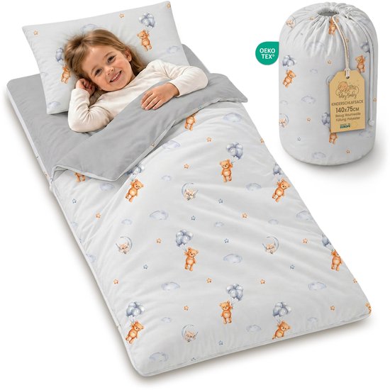 Slaapzak kinderen met kussen en ritssluiting voor baby 3-7 jaar - 75x140 cm kinderslaapzak binnen voor kinderdagverblijf kleuterschool dekenslaapzak Oeko-Tex 75 x 140 Teddyberen