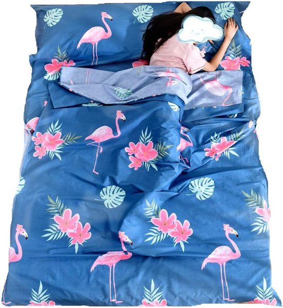 Slaapzak Liner - Reis Laken - Hygiënisch Slapen - Geïntegreerd Kussensloop - 80x230cm - Flamingo