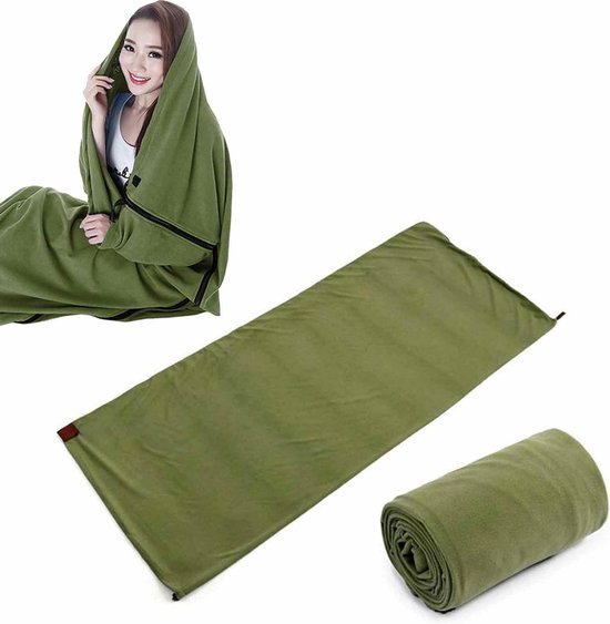 Slaapzak Liner - Reislaken Fleece - Kamperen en Reizen - Met Rits - 180x80 cm - Legergroen