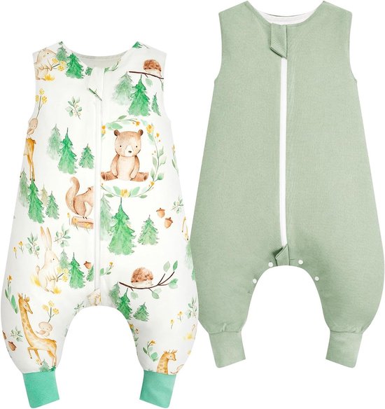 Slaapzak met Voetjes, 1.0 Tog, Set van 2, 100% Katoen, Mouwloos, Geschikt voor Jongens en Meisjes, Bosdieren en Lichtgroen, 80 cm van Merkloos