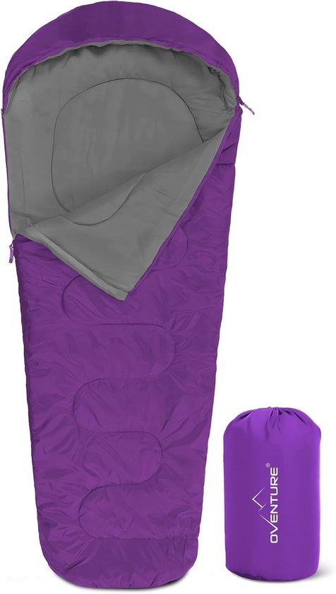 Slaapzak - Mummyslaapzak - Warm en comfortabel - 100% pongee polyester voering - Comfort temperatuur 5°C - 8°C - Waterafstotend - Voor kamperen, logeren, reizen, festival - 230x80 cm - Paars