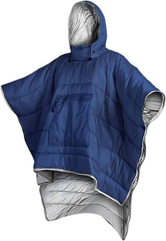 Slaapzak Poncho - Deken met capuchon - Buitenactiviteiten - Waterdicht en warm - 180 x 145 cm - Marineblauw