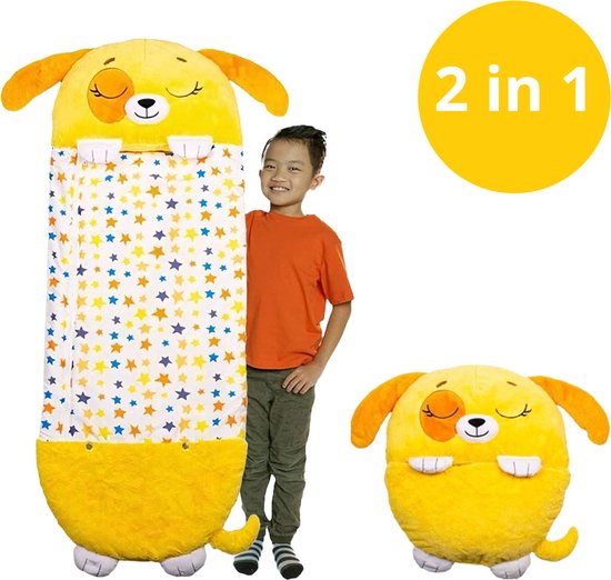 Slaapzak - Slaapzak kinderen - Kinderslaapzak - Slaapzak kind - Slaapzak junior - 2 in 1 Kussen en Slaapzak - Hond - Geel - Tot 5 jaar - Multifunctioneel - 110x50cm - Maat S van Merkloos