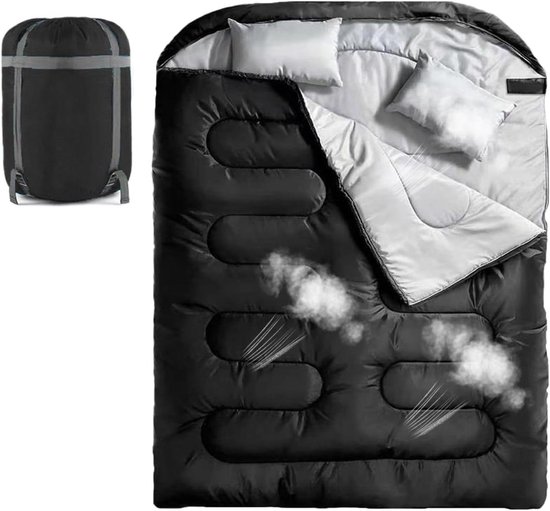 Slaapzak voor 2 - Dubbele slaapzak - Kamperen en reizen - Versterkte warmte-isolatie - 150 x 220 cm - Zwart