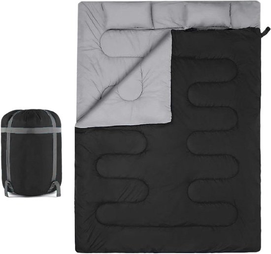 Slaapzak voor volwassenen - Tweepersoons model - Kamperen en reizen - Verstelbare capuchon - 150 x 220 cm - Zwart
