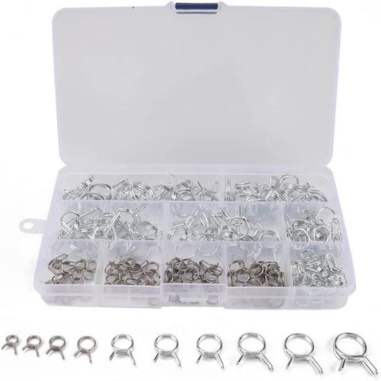 Slangklem - Lente Band - 10 Maten - 5-14mm - Luchtslang Klem - Sluiting - Waterleiding Brandstofslang - Geschikt voor - 150 Stuks - Mat zwart