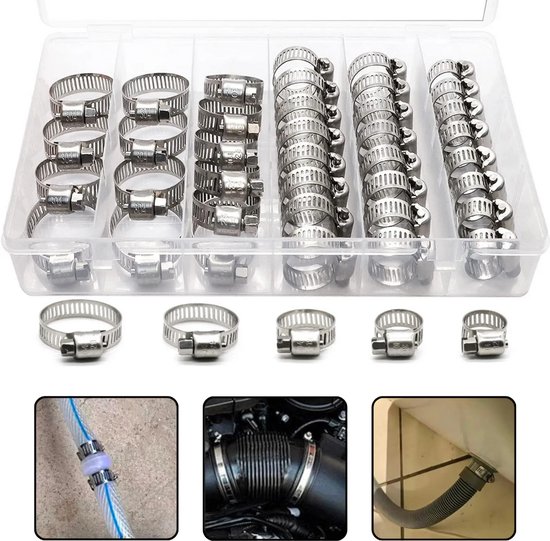 Slangklem Set 40-delig – RVS Slangklemmen 8–29 mm – Wormschroefklemmen voor Lucht, Water, Brandstof, Auto & Industrie – Roestvrijstaal Met Doos