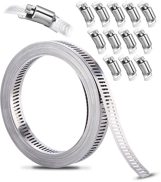 Slangklemmen 304 roestvrij staal, 3,5 m gattape metaal + 12 stuks bevestiging, DIY slangklemmenset, verstelbare slangklem, voor waterleiding, tank, gasleiding, koeler, autoslang van Merkloos