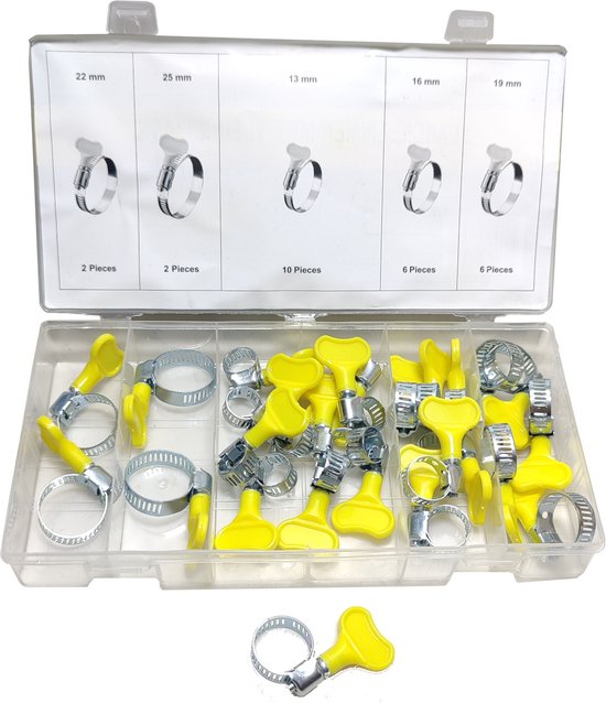 Slangklemmen met vleugelmoer 13 t/m 22mm slangen klemmen set 26 delig. van Vibor.