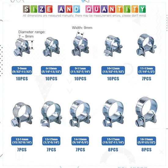 slangklemmen, roestvrij staal, voor professionele toepassingen, voor aanzuigslang, afvoerslang, luchtafvoerslang, 84Pcs van Hilitand