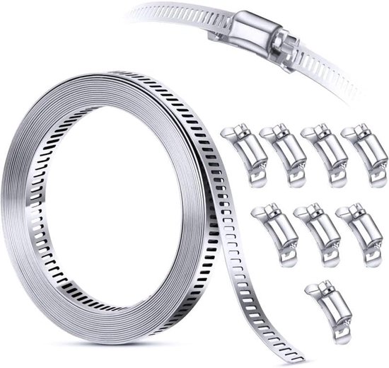 Slangklemmen - RVS - 3,5 m Gattape Metaal + 12 Stuks Bevestiging - DIY Slangklemmenset - Verstelbare Slangklem - voor Waterleiding, Tank, Gasleiding, Koeler, Autoslang