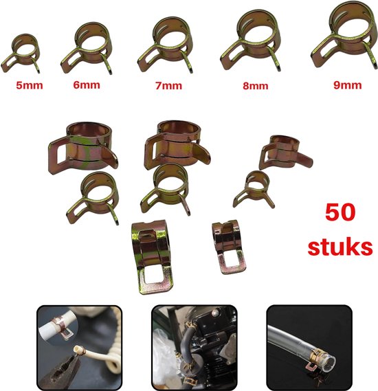Slangklemmen Set – 50 Stuks – 5 t/m 9 mm – Veerklemmen voor Brandstofslang, Waterleiding, Luchtbuis & Pijpsluiting – RVS Slangklemsluiting