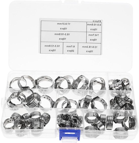 Slangklemmen Set - Klemmen Assortiment - Loodgieterswerk en Auto - Verstelbare Een Oor Klemmen - 85 Stuks - Zilver