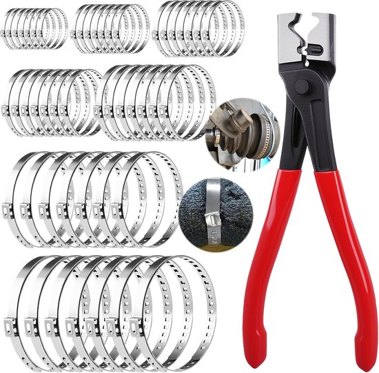 Slangklemmen Set - Roestvrij Staal Klemmen - Slangen Bevestigen - Inclusief Tang - 50 Stuks van Merkloos