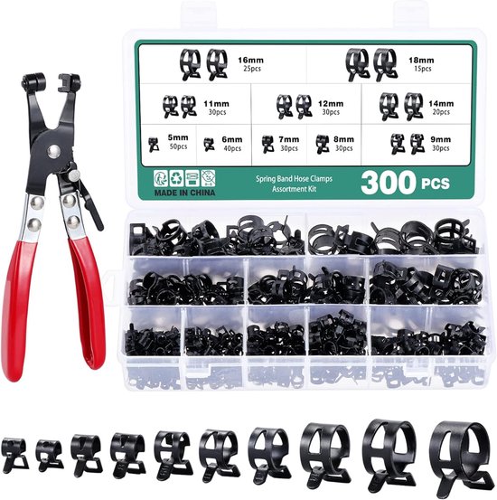 Slangklemmen Set - Veerklemmen 300-delig - 10 Maten van 5-18 mm - 360° Gelijkmatige Klemming - 65MN Verenstaal met Dacromet-Coating - Inclusief Klemtang - Voor Auto, Brandstof-, Water- en Vacuümslangen