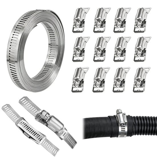 Slangklemmen van 304 roestvrij staal - Ringklemmen - Spanbanden 12,6 mm breed - 3,5 m lang + 12 klemkoppen - Inclusief spanbanden - Stalen gesp - Hose Clamps 304 RVS - Verstelbare DIY Slang voor Waterleiding - Tank - Gaspijp - Koeler - Auto Buizen van Merkloos